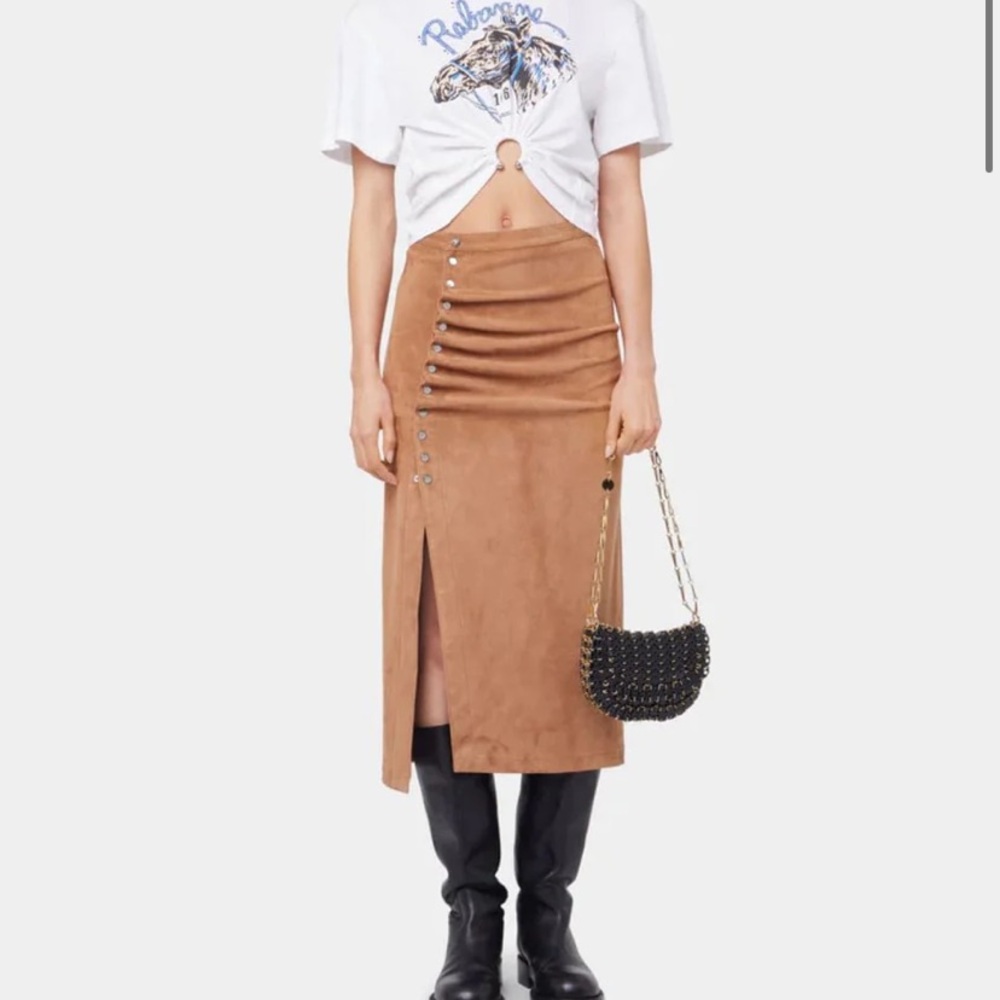 NWT Rabanne Suede draped Button-Accent Midi skirt caramel